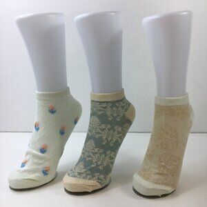 Womens Ankle Socks 3-Pack Floral Patterns White Blue Beige
